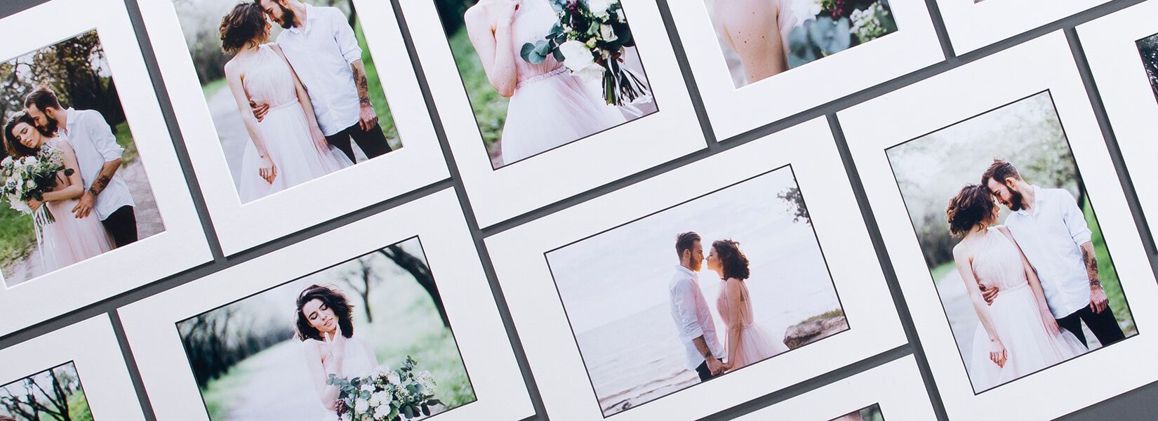 Grid layout of wedding photographs displayed in modern minimal style.