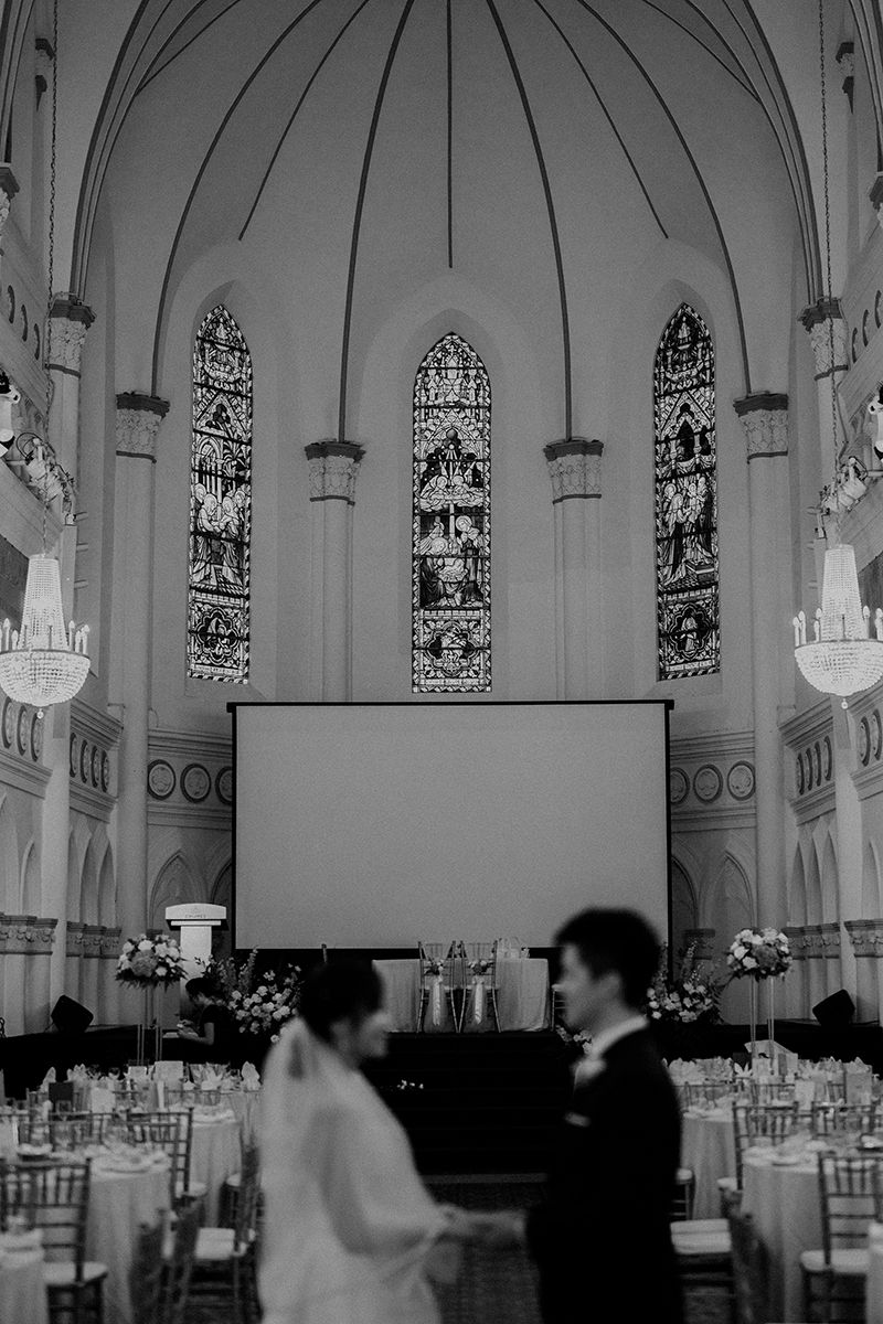 Black and white images of a church interior with vaulted ceilings and stained glass windows.