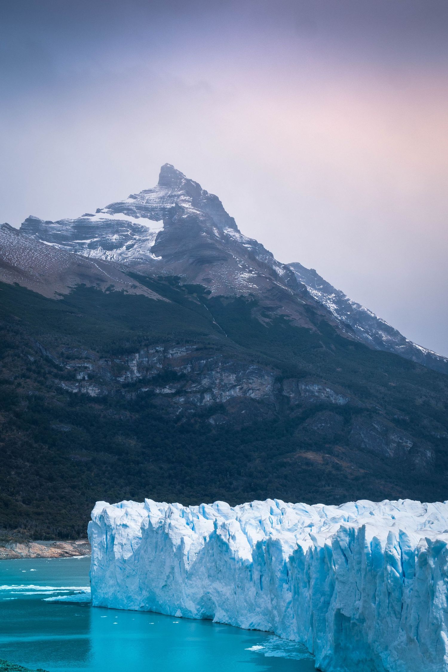 Dusk at the snowy mountain range of Patagonia National Park, Argentina.