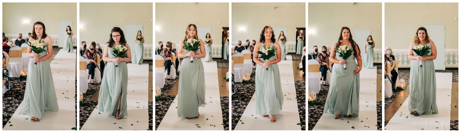 collage of each bridesmaid walking down the aisle during wedding ceremony