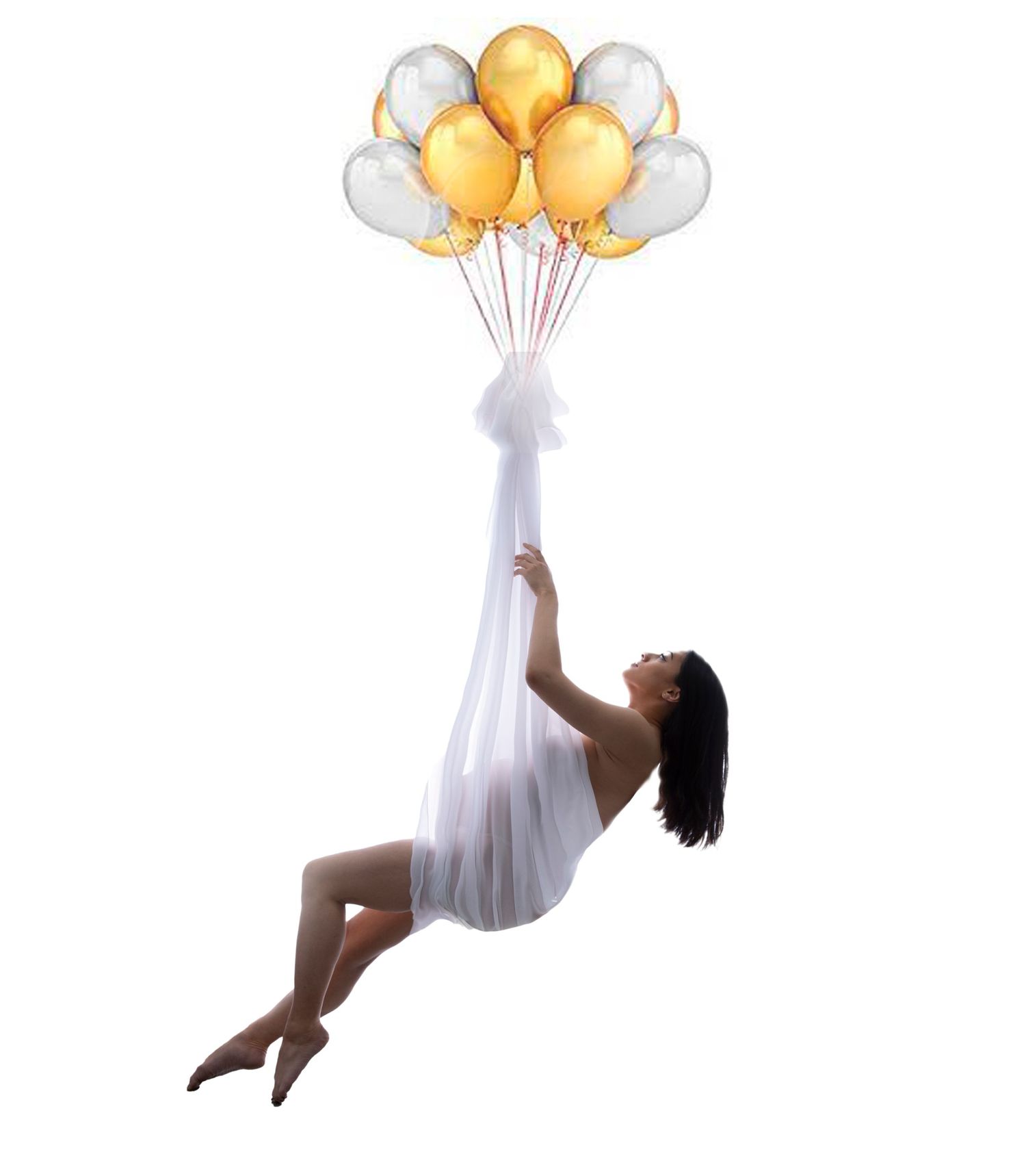 Maternity photoshoot, white chiffon hammock with white & gold balloons