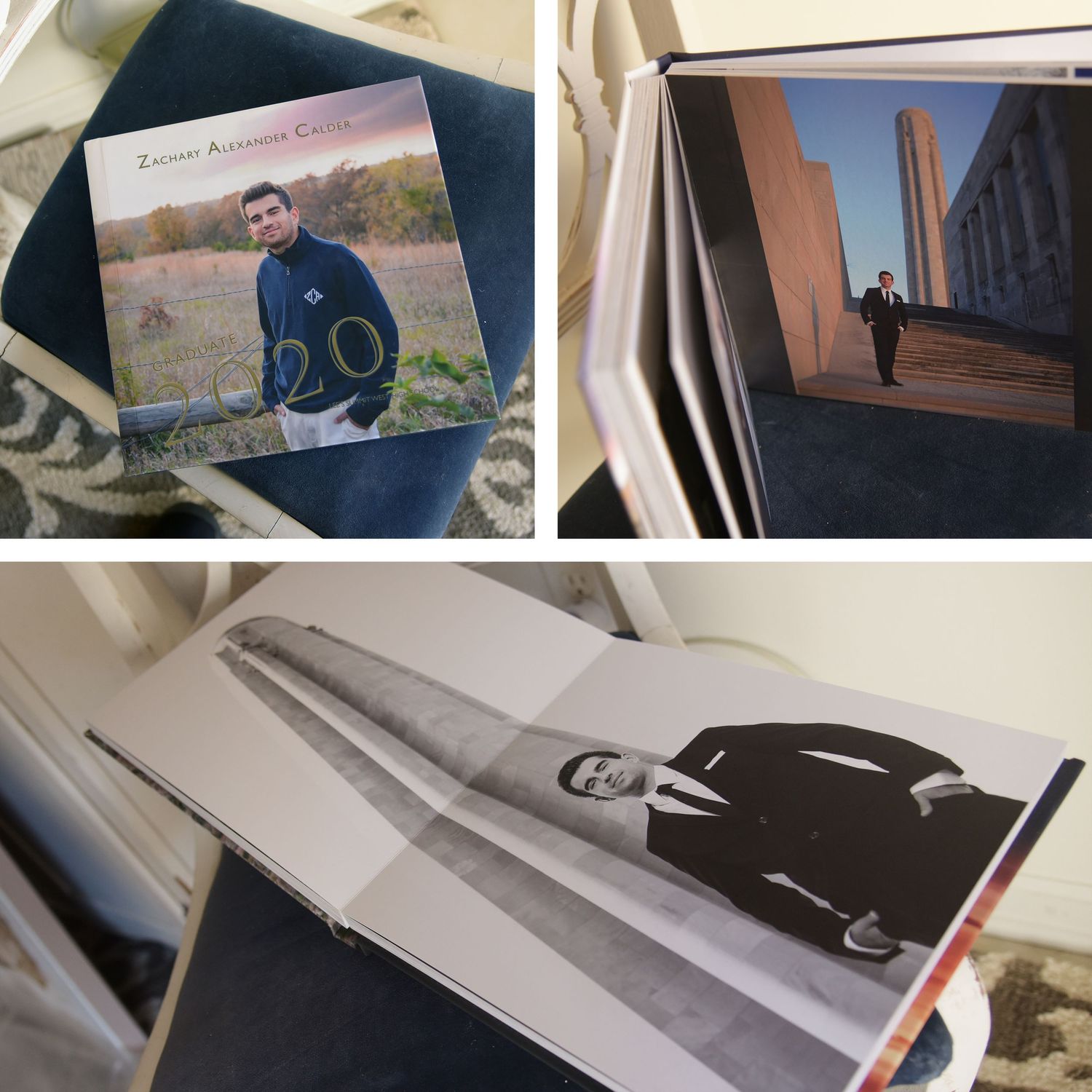 A professional photo album showing various portrait shots and artistic photography layouts.