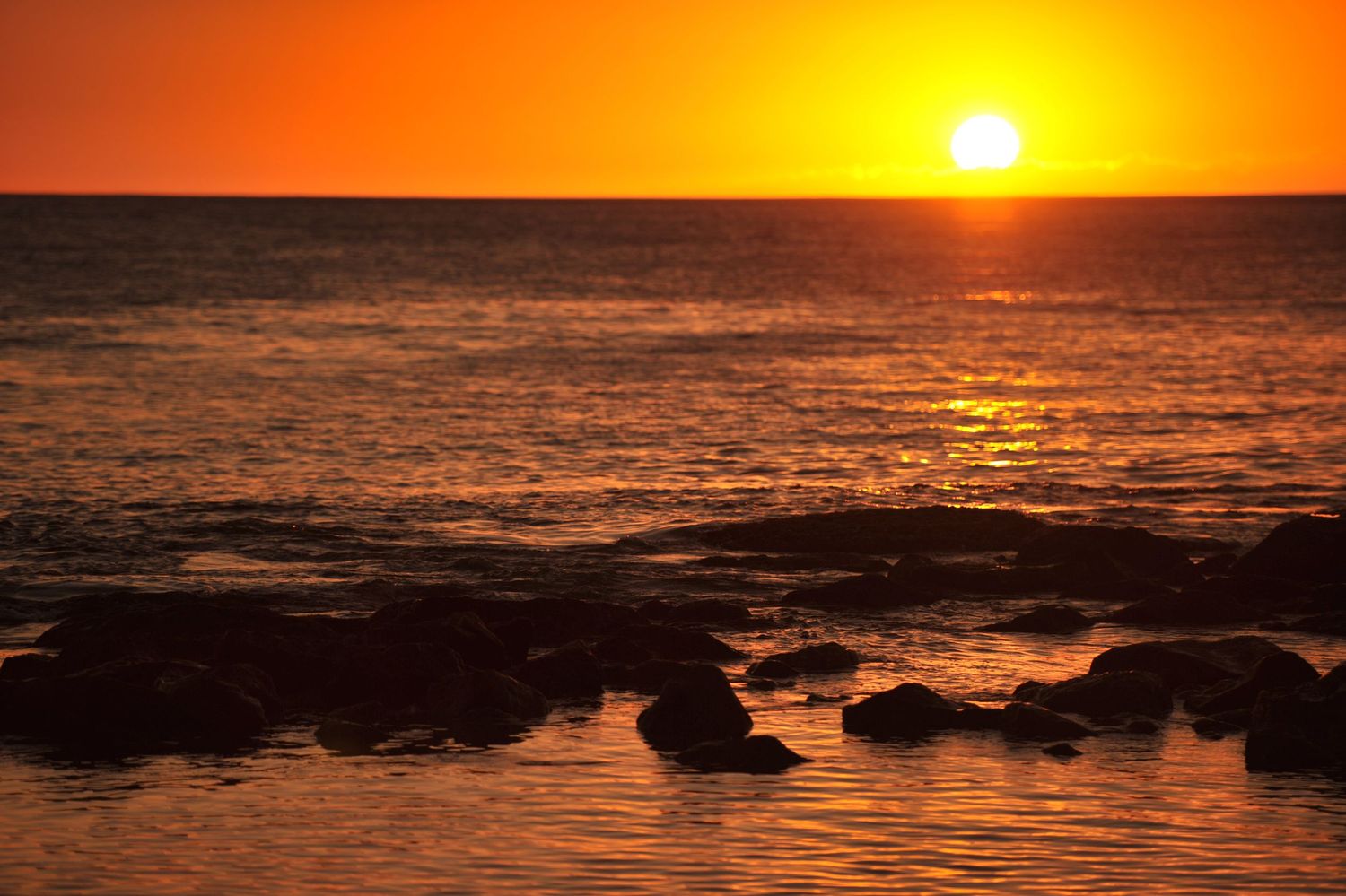 Stunning golden Hawaiian sunset over the ocean with silhouetted rocks along the shoreline.