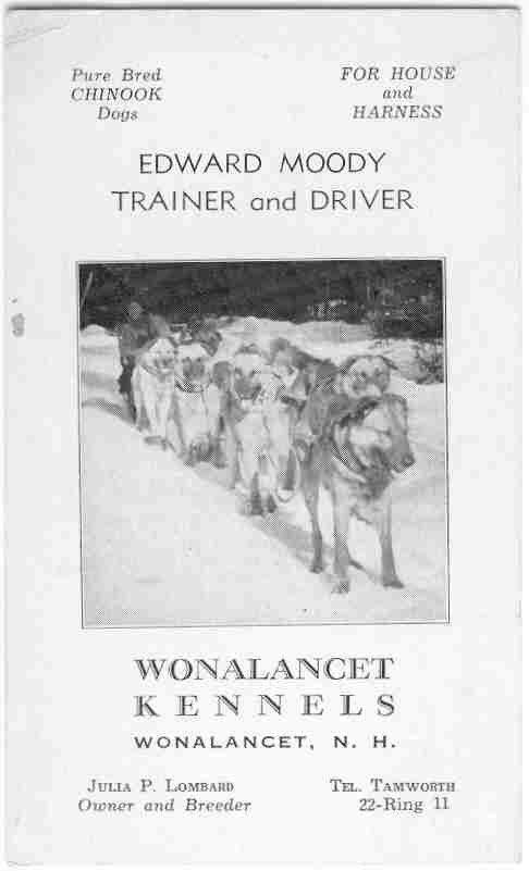 Sled dog driver Ed Moody advertisement of Chinooks at Julia Lombard's Wonalancet Kennel, New Hampshire.