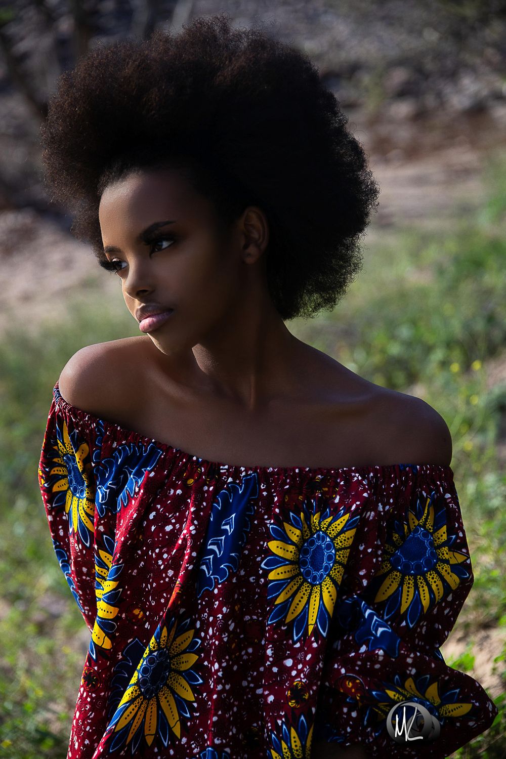 Portrait in vibrant African print off-shoulder dress with natural afro hairstyle outdoors.