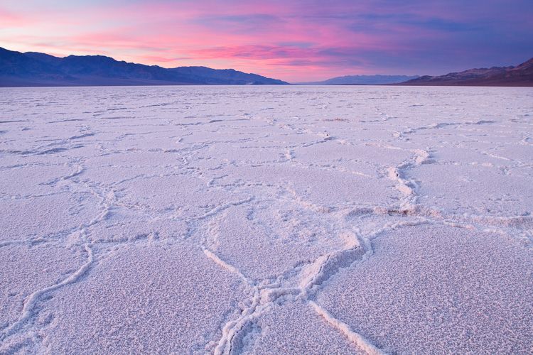 Salt Flats at Sunset with Mountains and Pink clouds, Death Valley National Park, California
