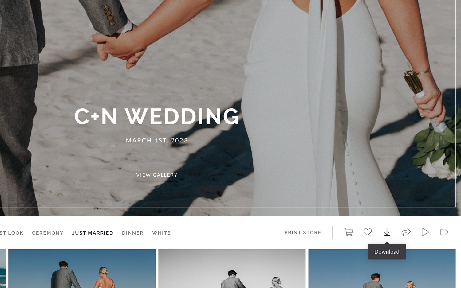 Screenshot of an online wedding photo gallery website displaying coastal wedding photos for C and N.