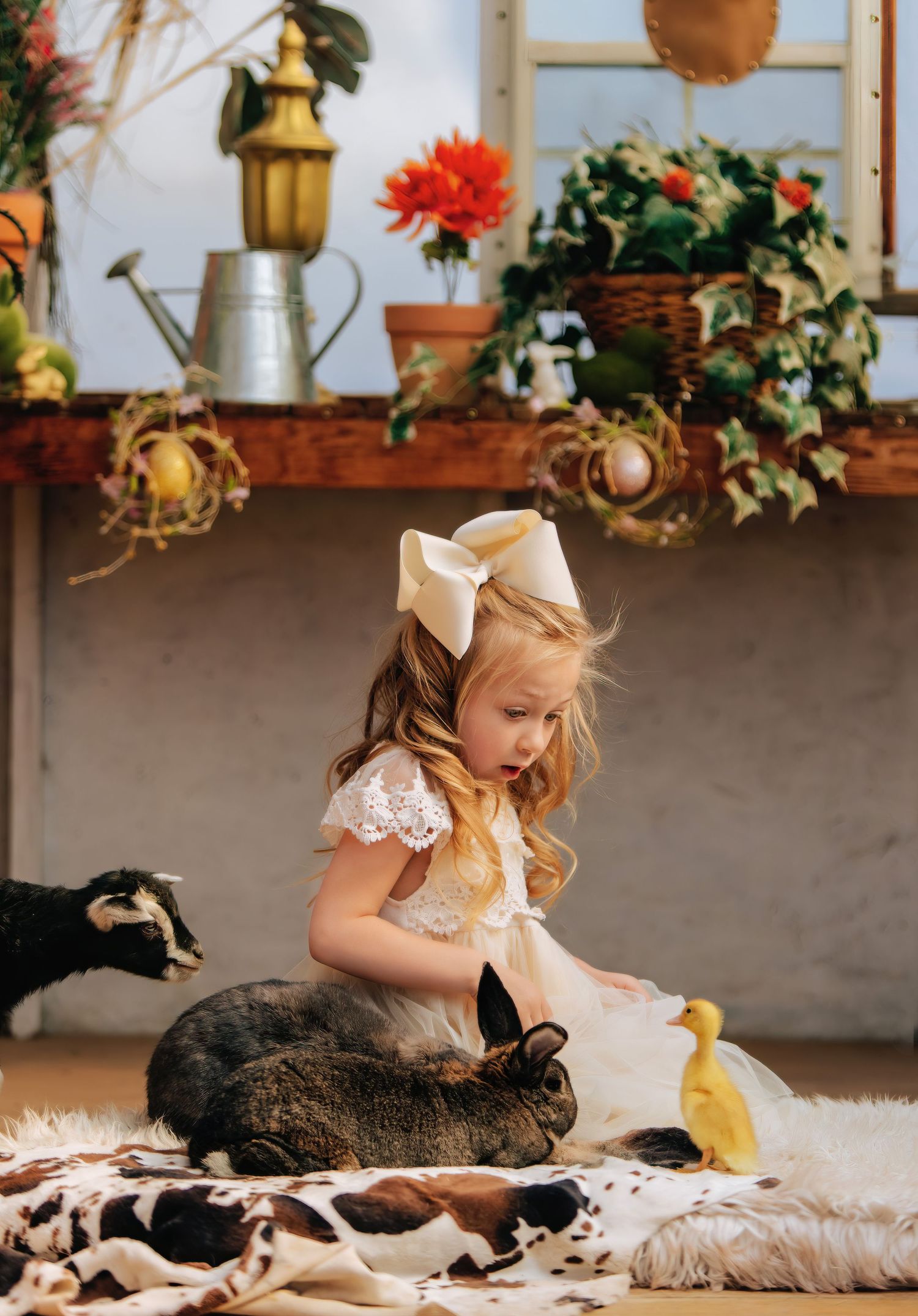 girl happy about baby animals and ducklings