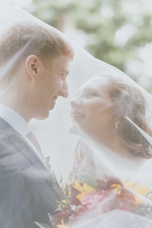 Close up of Groom and Bride almost kissing