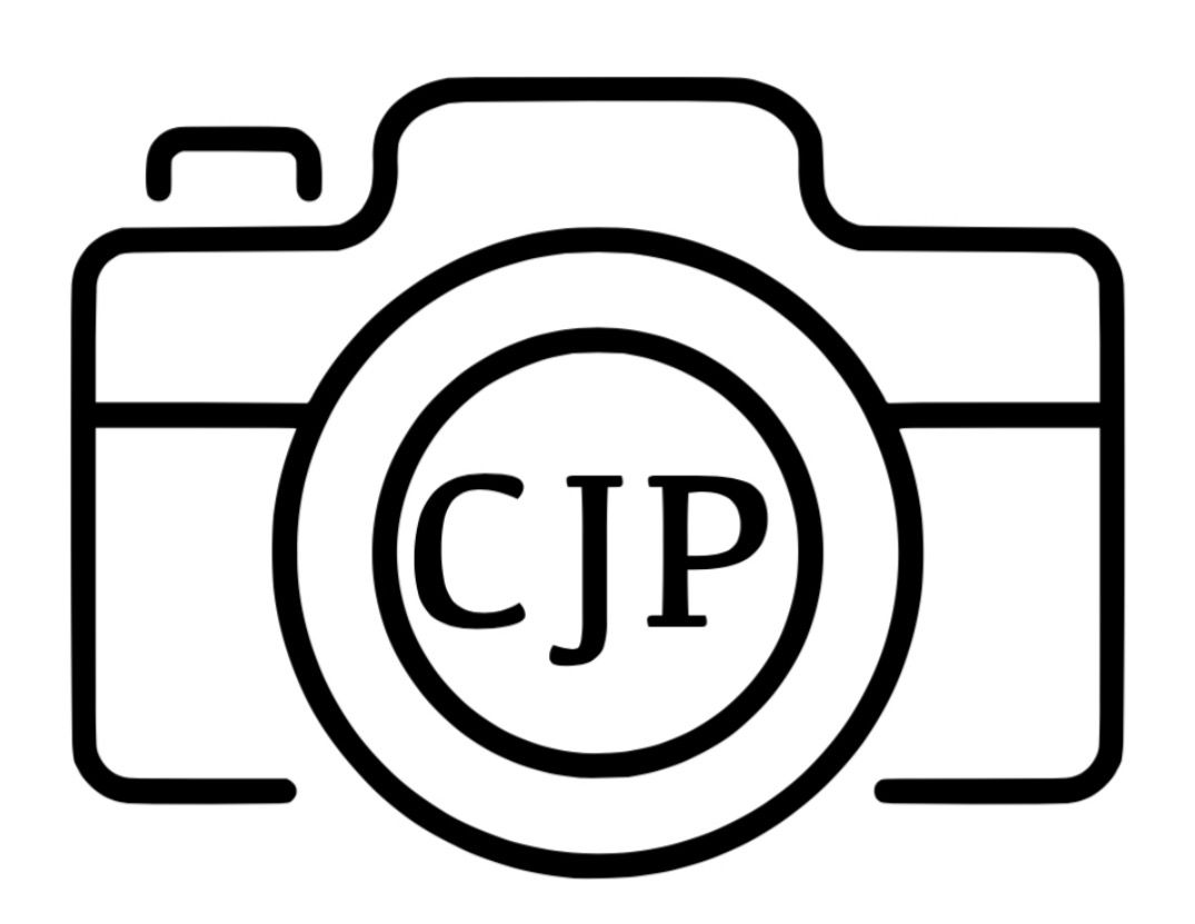 Simple black line drawing of a camera with CJP initials in the lens.