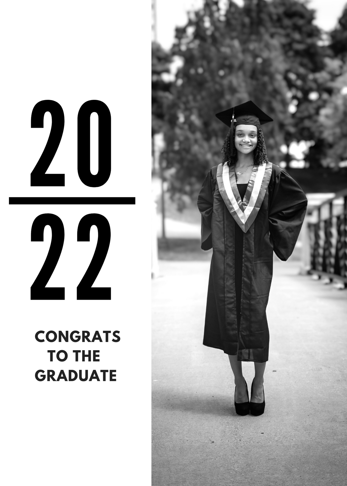 Black and white graduation announcement card design with 2022 year marking.