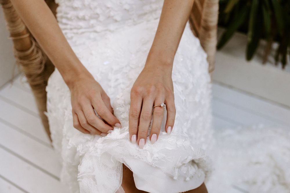 Close-up of hands showing wedding ring details against white lace dress fabric.