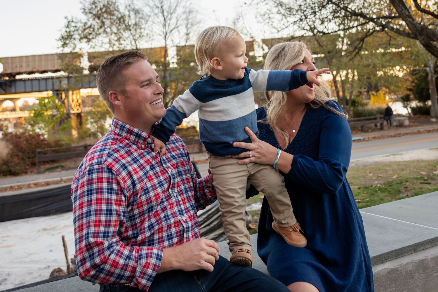 A series of candid outdoor family moments captured at sunset showing warm interactions and embraces.