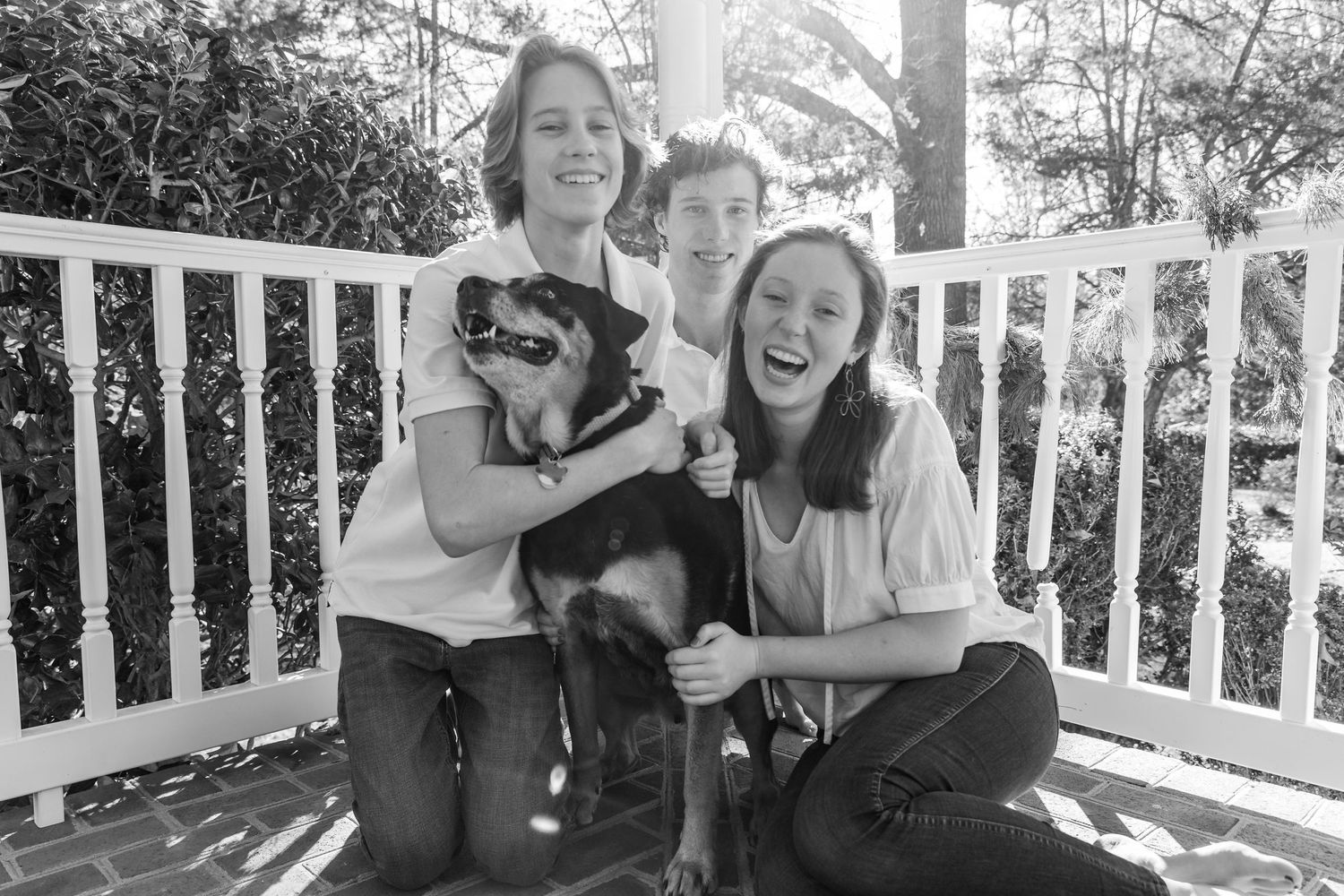 People sharing joyful moments on a white porch during a sunny day.