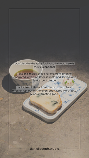 Artisanal blue cheese toast with jam served on a white plate with descriptive text overlay.