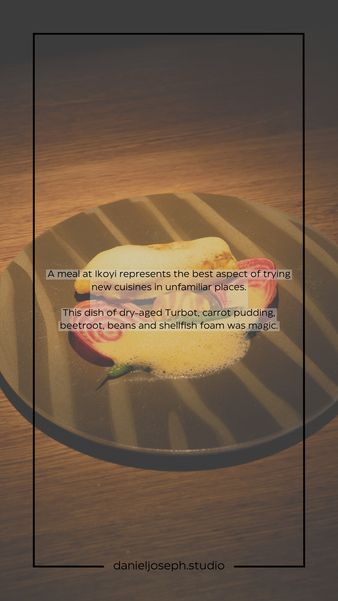 Modern plating of a carrot pudding with text overlay describing the dining experience.