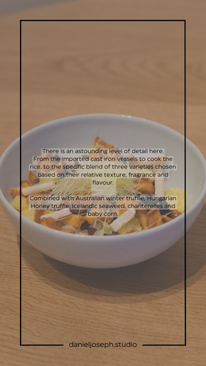 Bowl of mixed mushrooms and truffles with text overlay describing culinary detail.