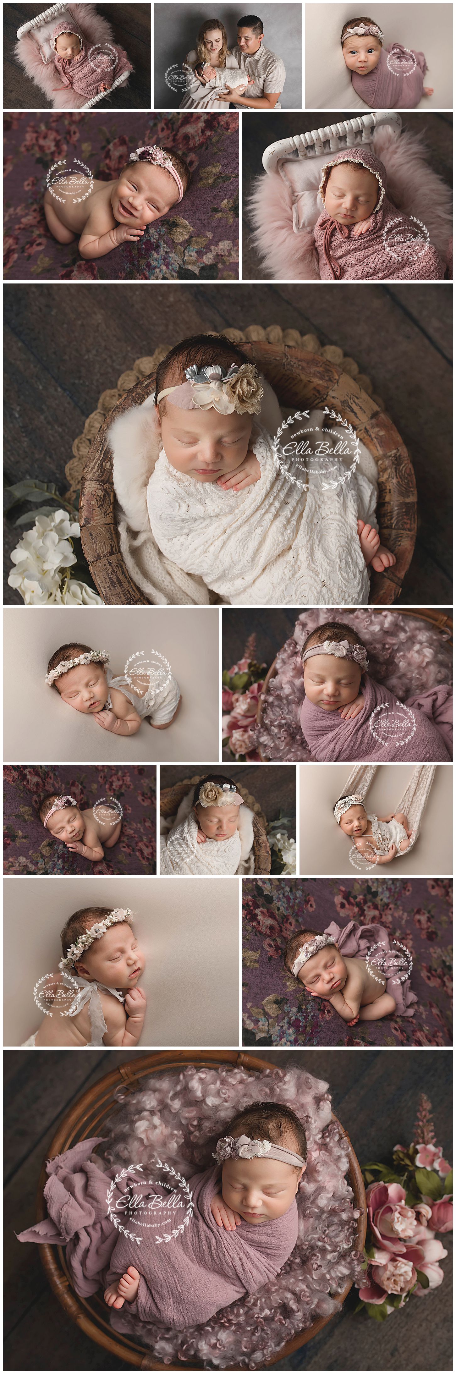 Newborn photo collection featuring pink and floral setups with delicate poses and props.