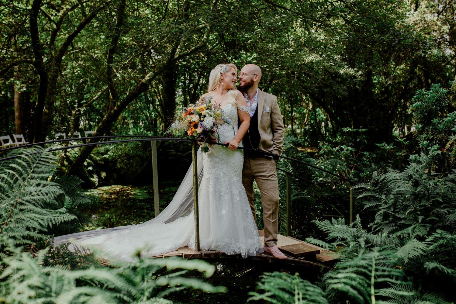 Bride and Groom on the bridge at Inish Beg Estate