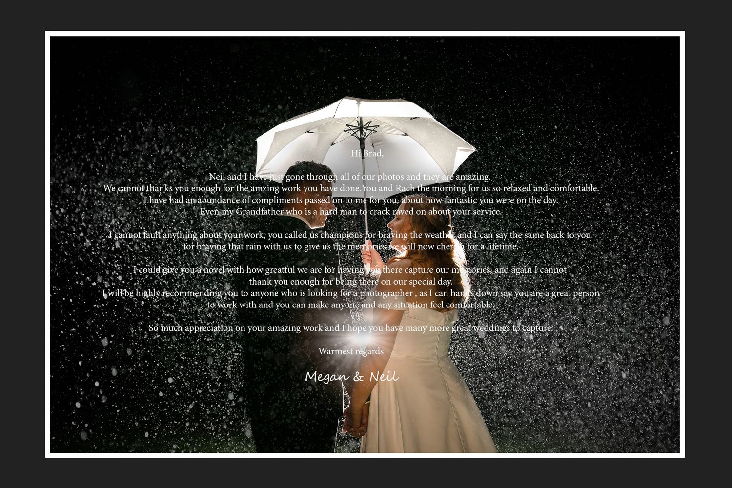 Romantic moment under a white umbrella in the rain at night.
