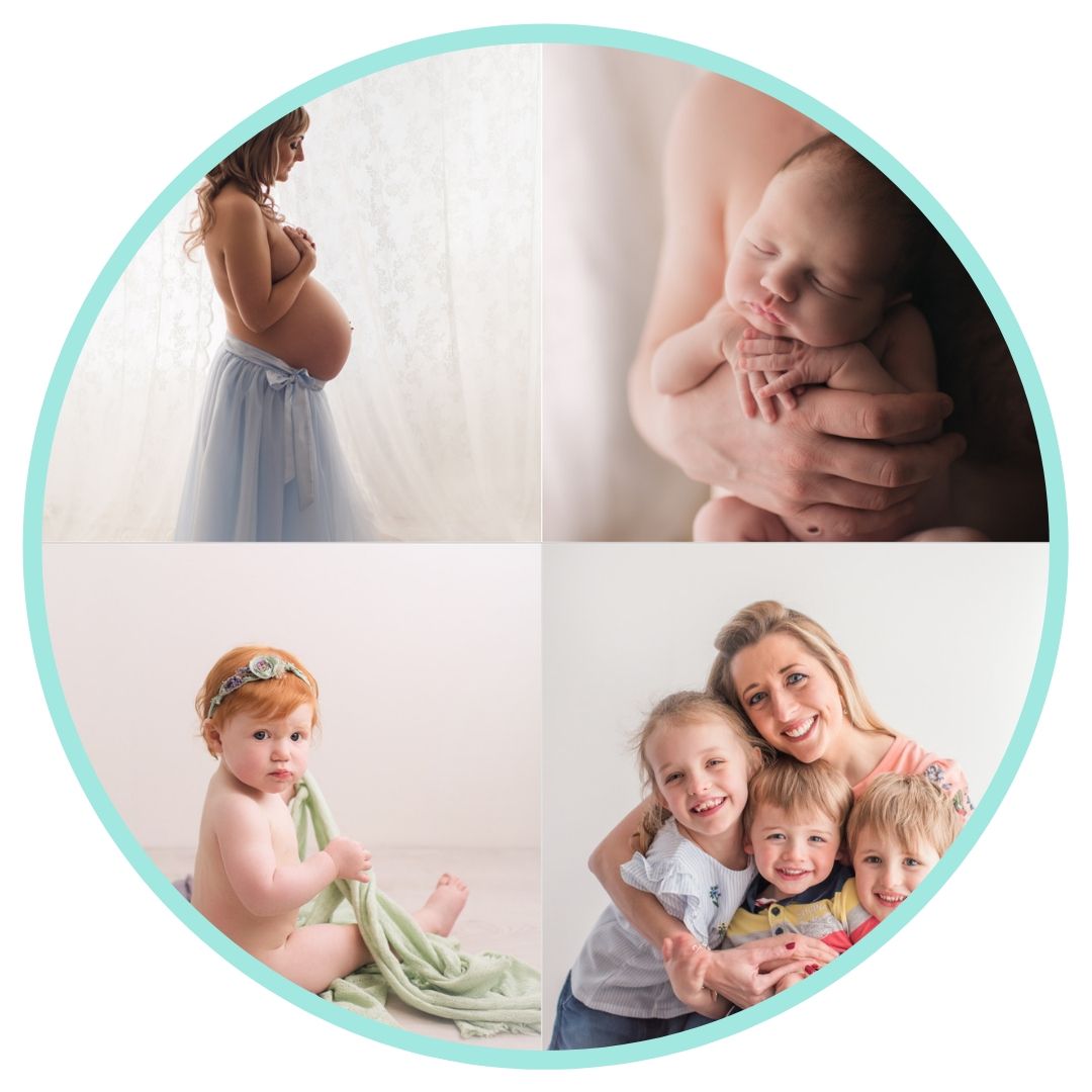 A collection of family photography moments showing maternity, newborn and group portraits.