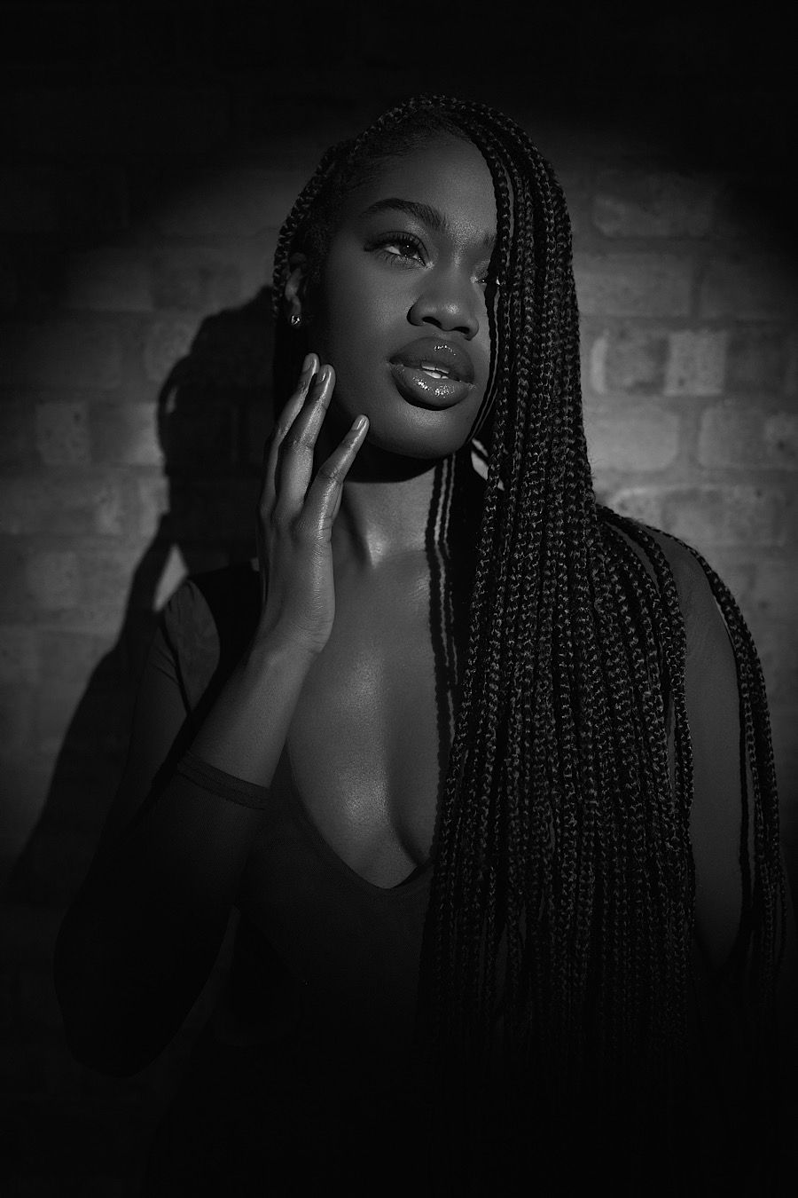 Moody portrait with elegant pose and intricate braided hairstyle against textured wall.