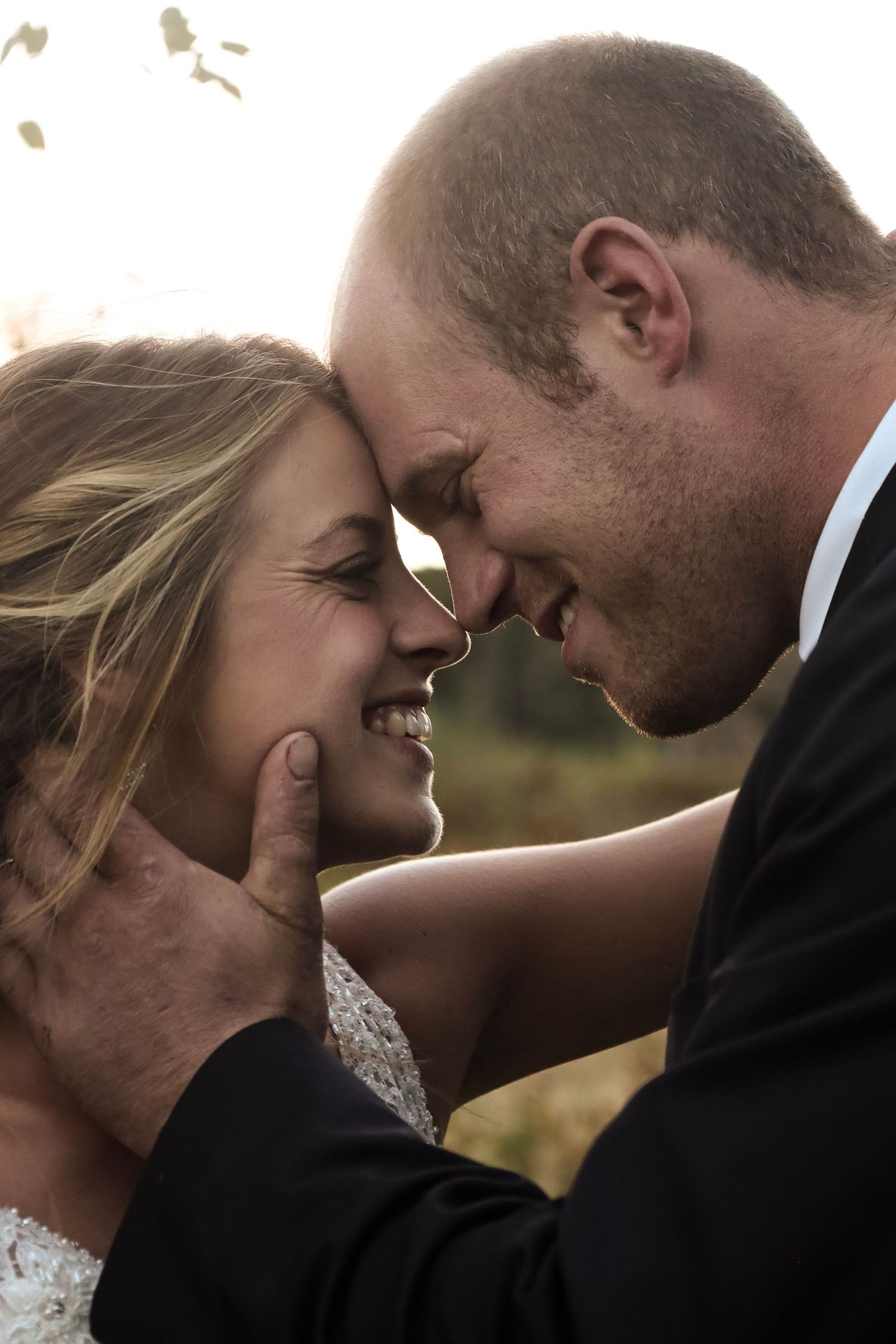Close-up romantic moments between newlyweds in formal attire.