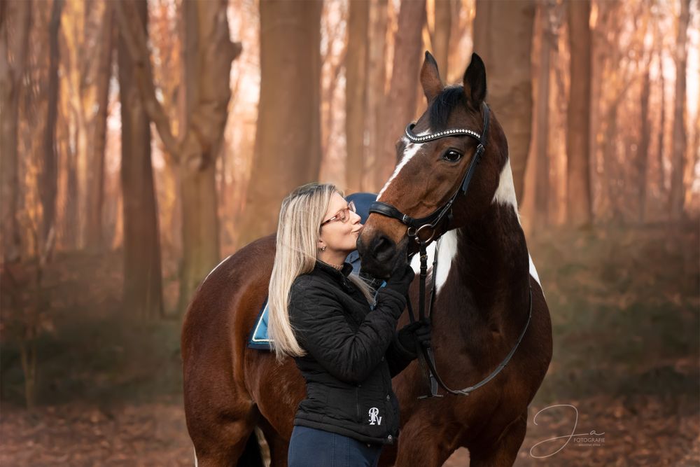 Paardenfotografie België portret van paard en eigenaar in de natuur — JA Fotografie