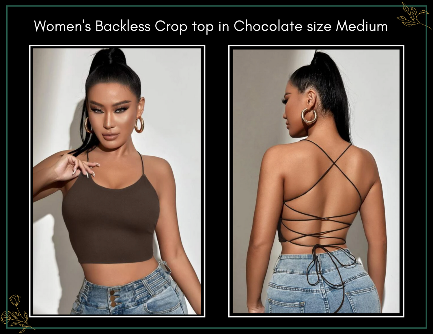 Women's backless chocolate crop top size medium, with lace-up straps shown from front and back.