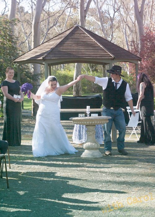 Playful wedding photo sequence showing newlyweds celebrating in an outdoor garden setting.