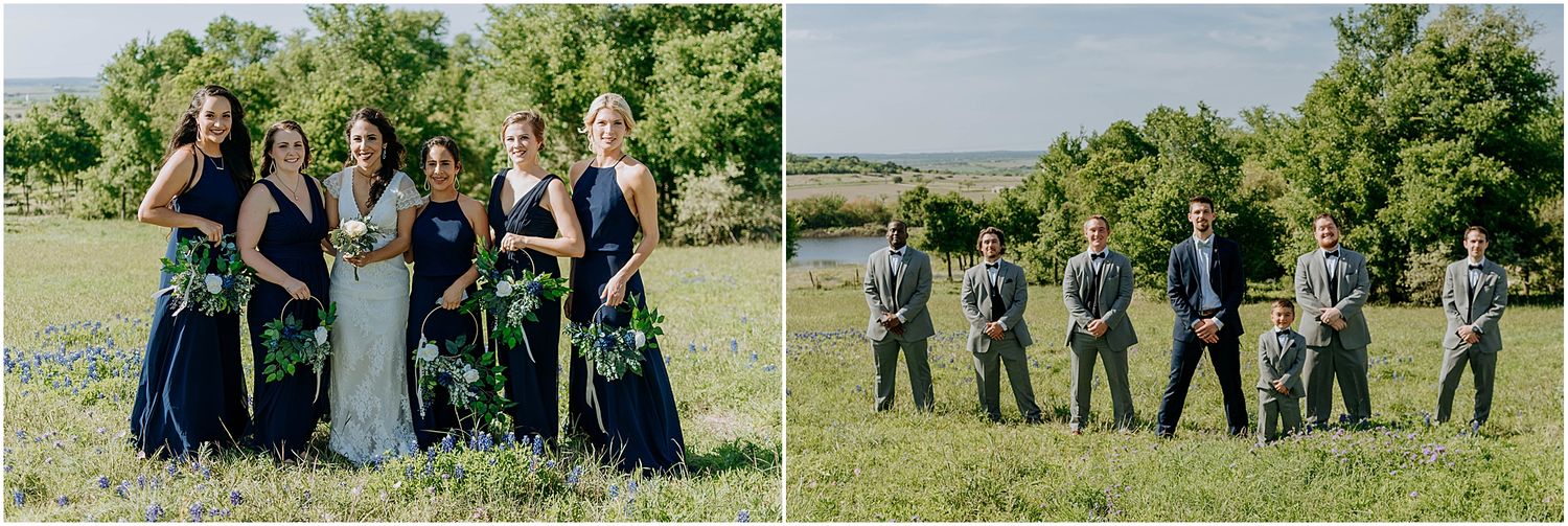 Wedding party splits into groomsmen and bridesmaids for casual group photos in sunny meadow.