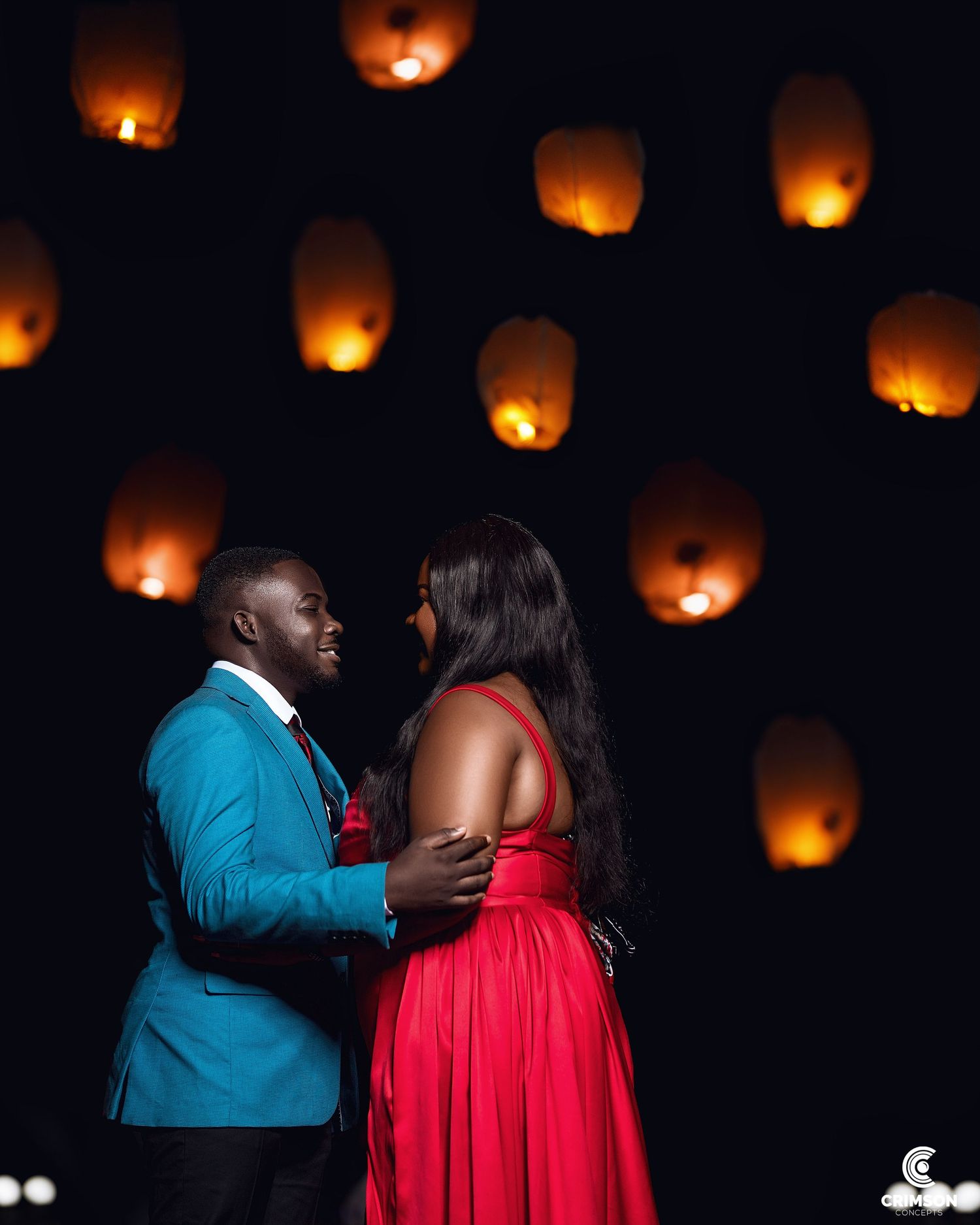 Pre-Wedding photograph of a beautiful couple in Ghana with sky lanterns