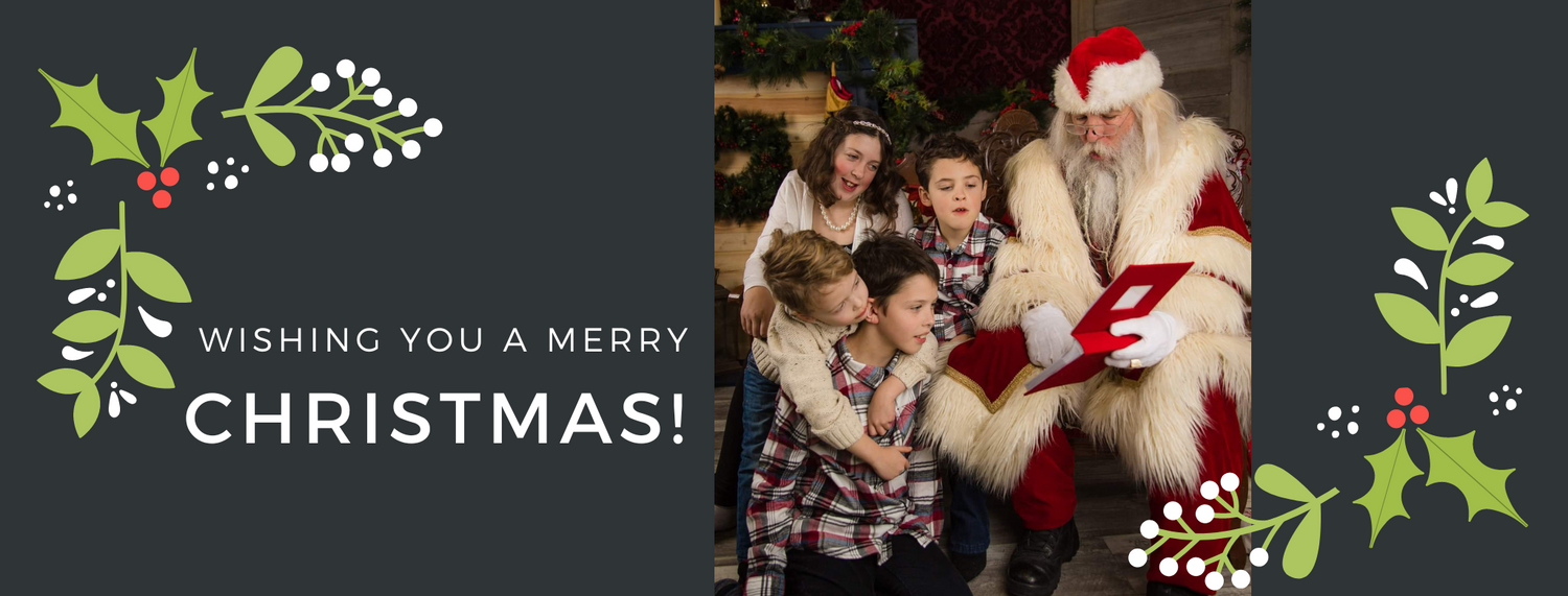 A festive Christmas card design with holly decorations and gatherers around Santa Claus.