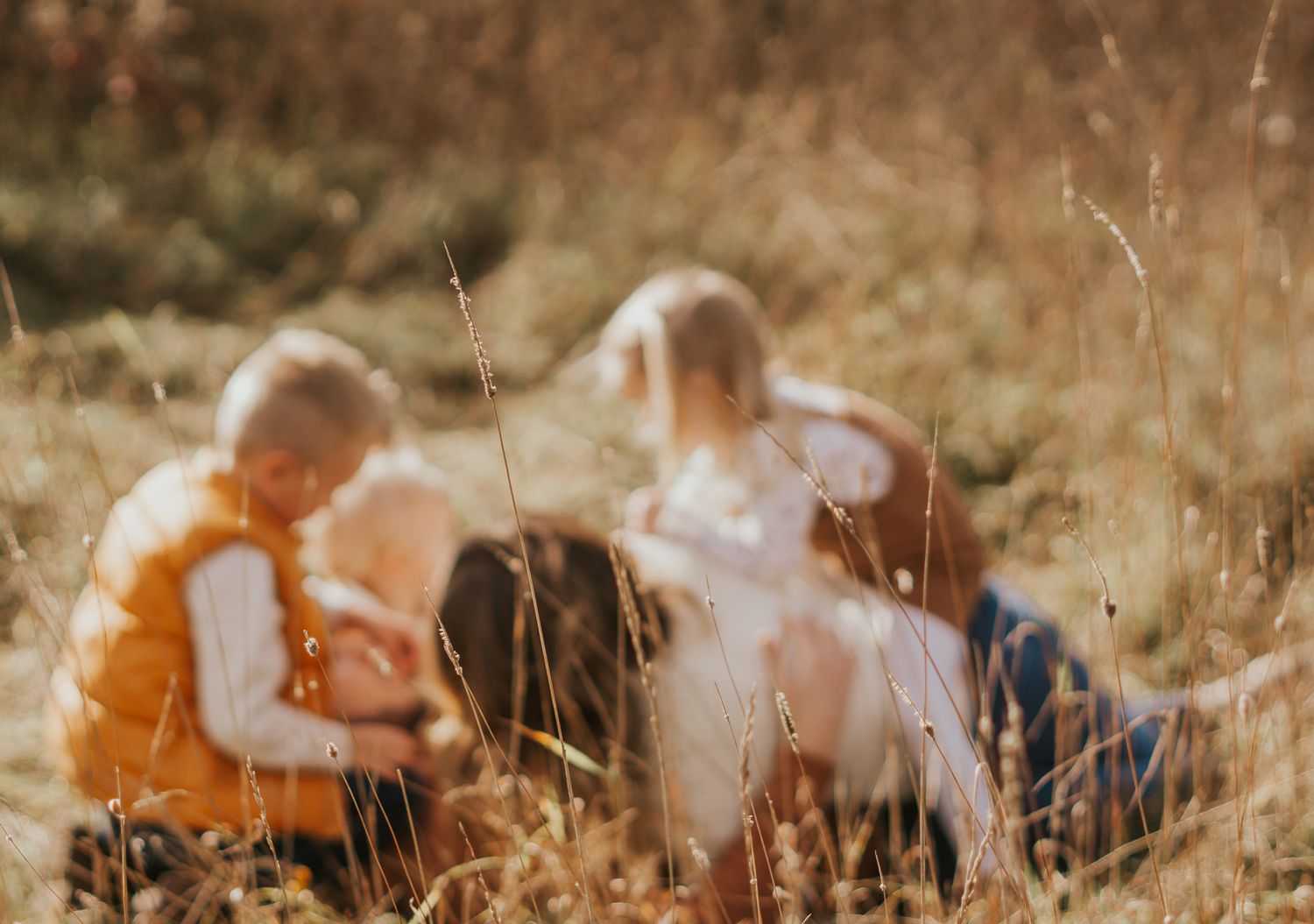 A group poses playfully in a golden sunlit field during autumn.