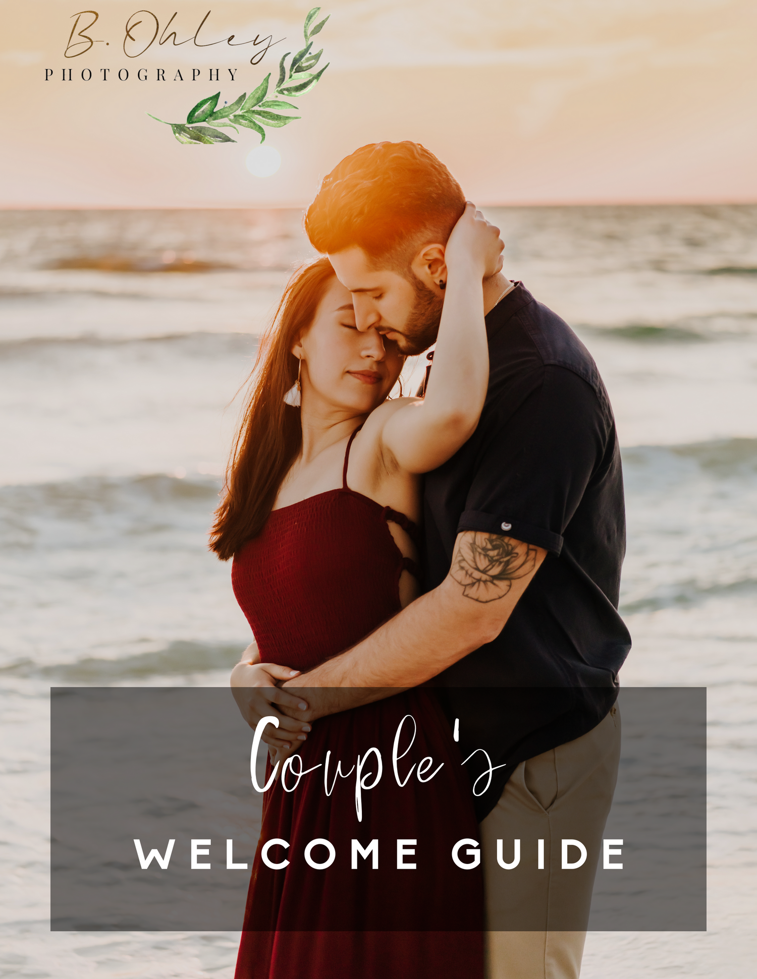 Romantic couple embracing at sunset on the beach, featured on B. Ohley Photography couples welcome guide cover.