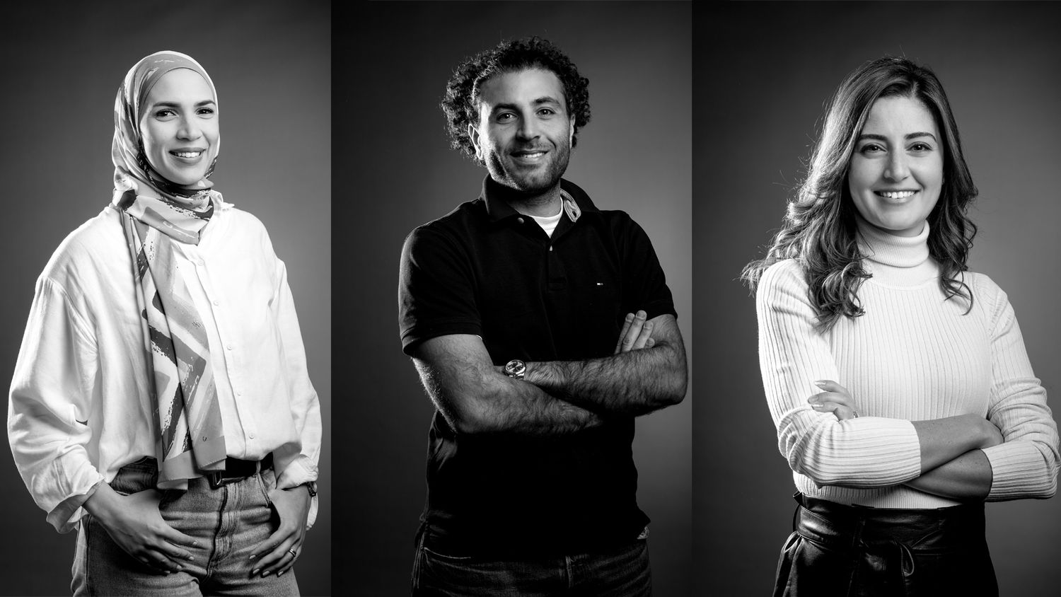 Black and white studio portraits of three people against neutral background.