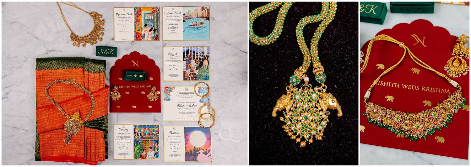 Traditional Indian wedding invitations and jewelry displayed with red and gold accents.