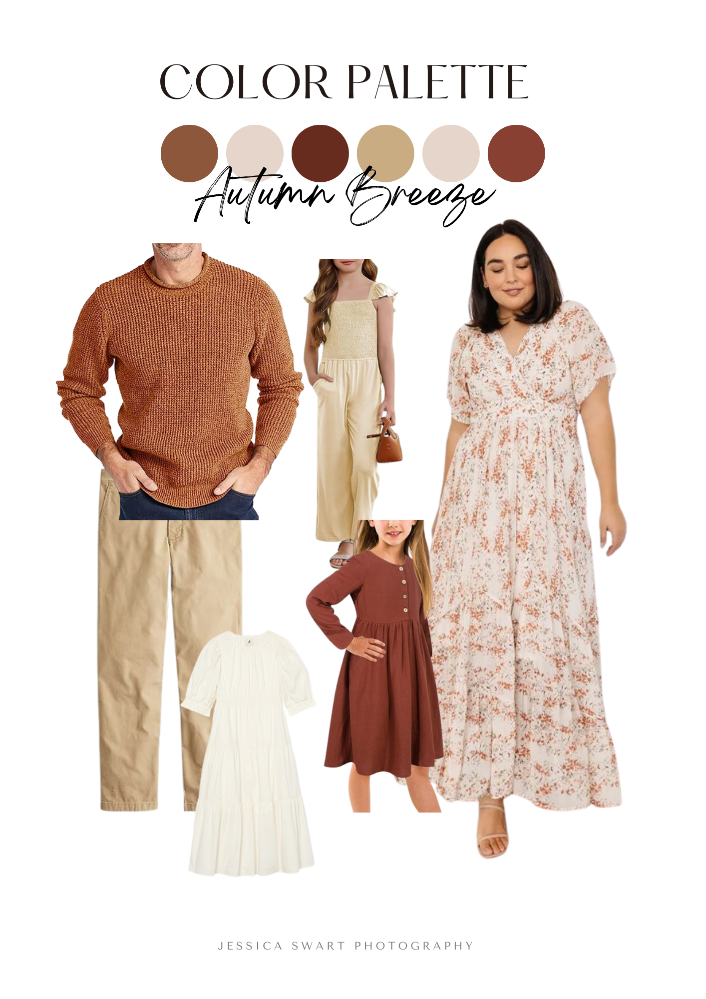 Autumn breeze color palette featuring rust, brown and cream colored coordinated family clothing options.