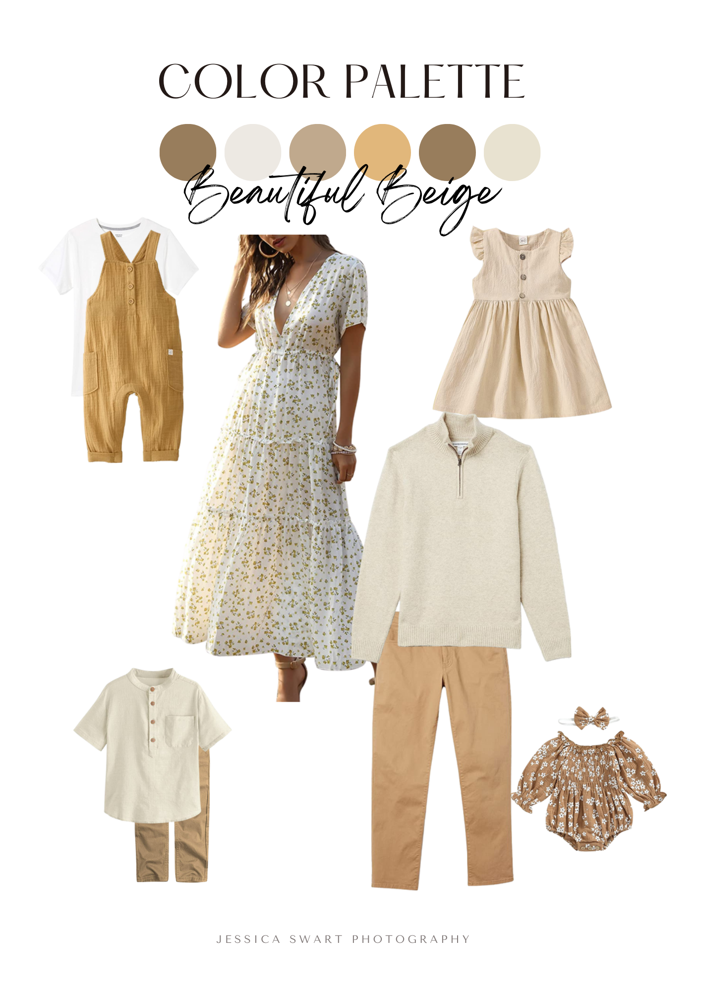 Beautiful beige color palette mood board with coordinating family outfits in cream and tan tones.