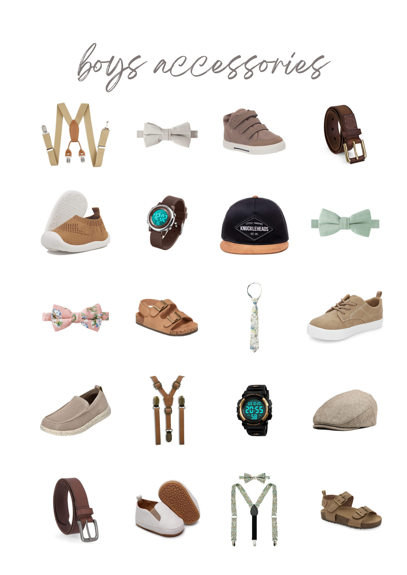 Collection of boys accessories including bow ties, suspenders, hats, belts, watches and casual shoes in neutral tones.