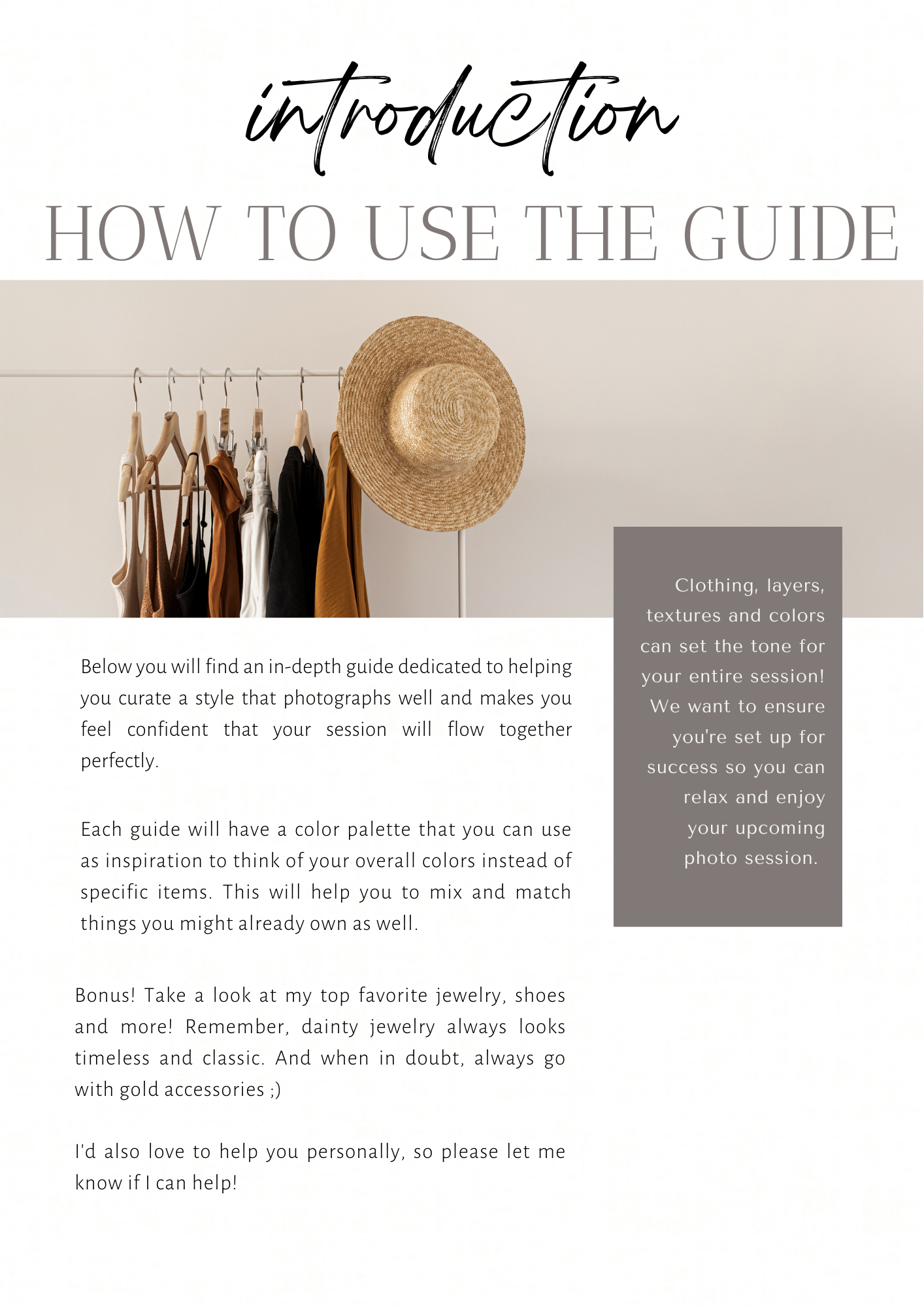 Lifestyle photography style guide introduction page with hanging clothes and straw hat.