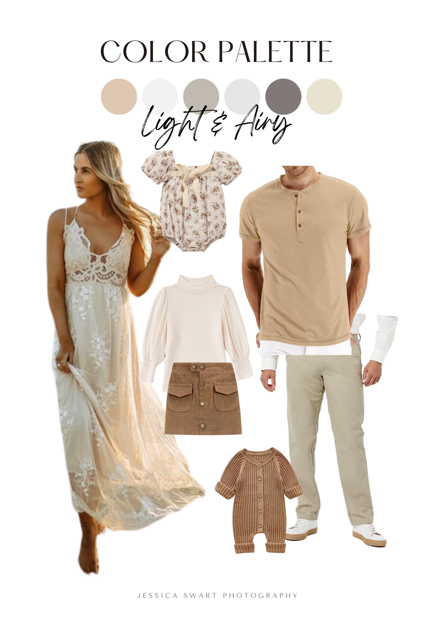 Light and airy color palette fashion board with flowy dresses and casual wear in neutral beige tones.