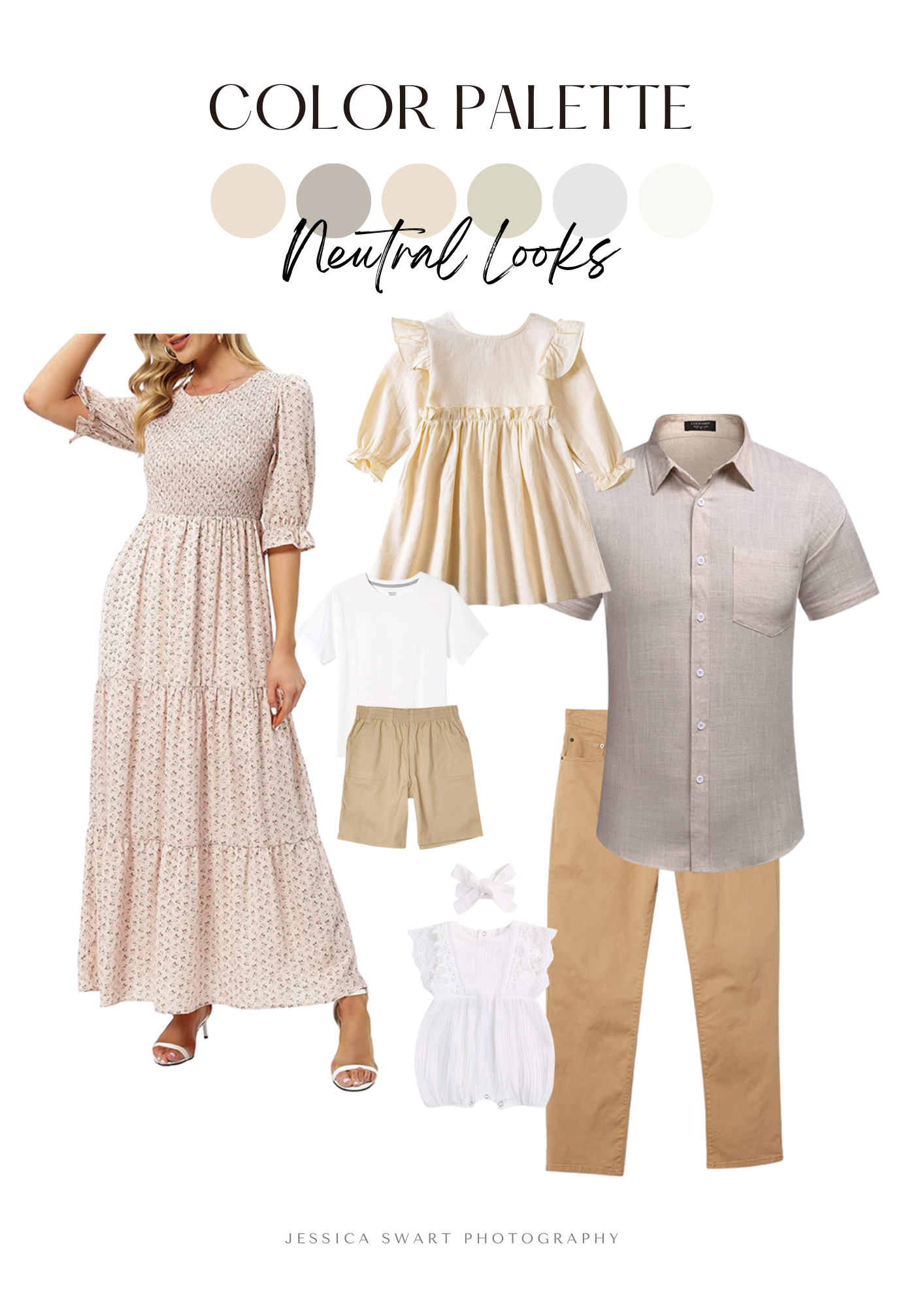 Style guide showing neutral color palette with flowy dresses, shorts and button-down shirts in beige and cream tones.