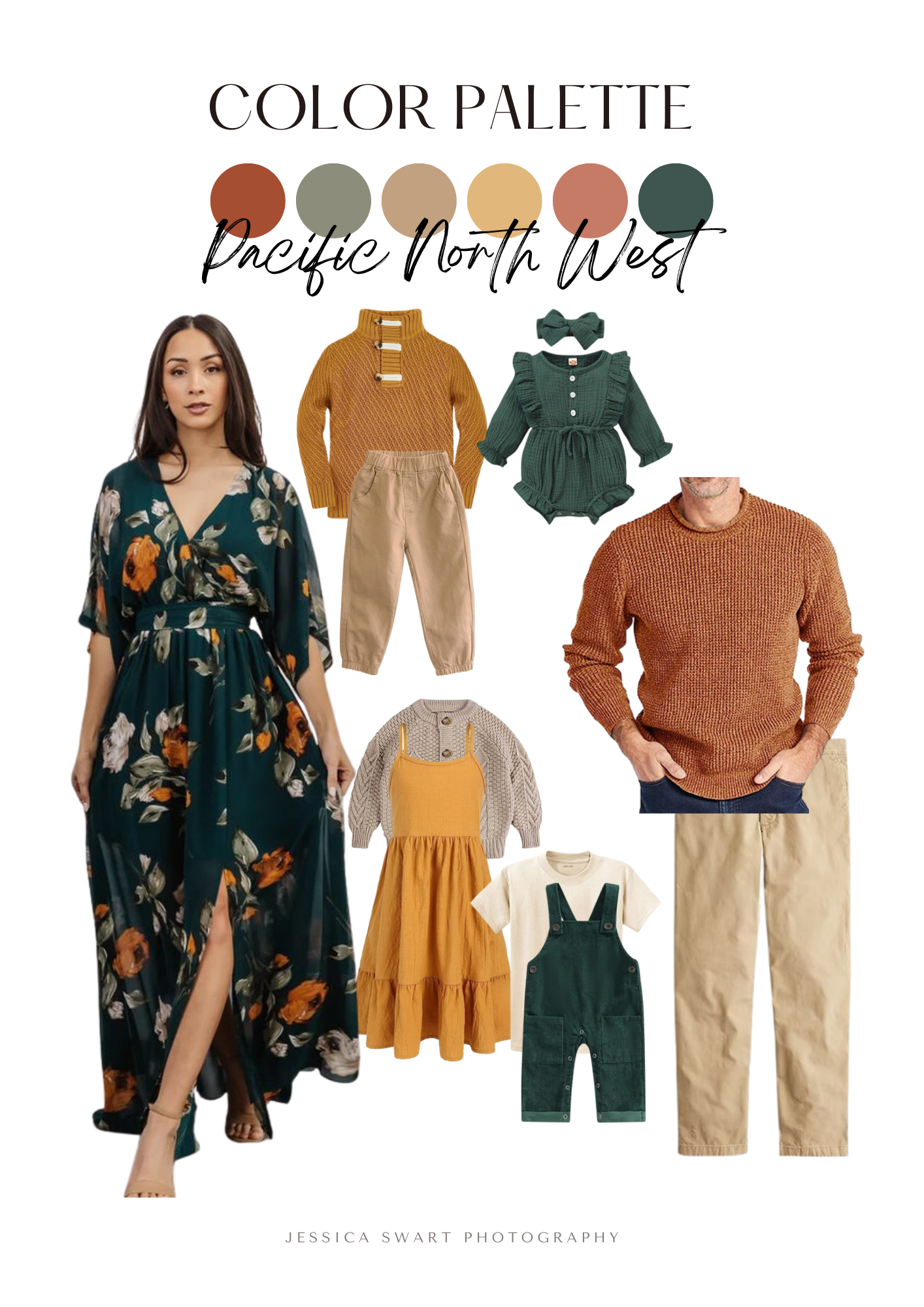 Pacific Northwest inspired color palette featuring earth tones with floral dresses and cozy knit sweaters.