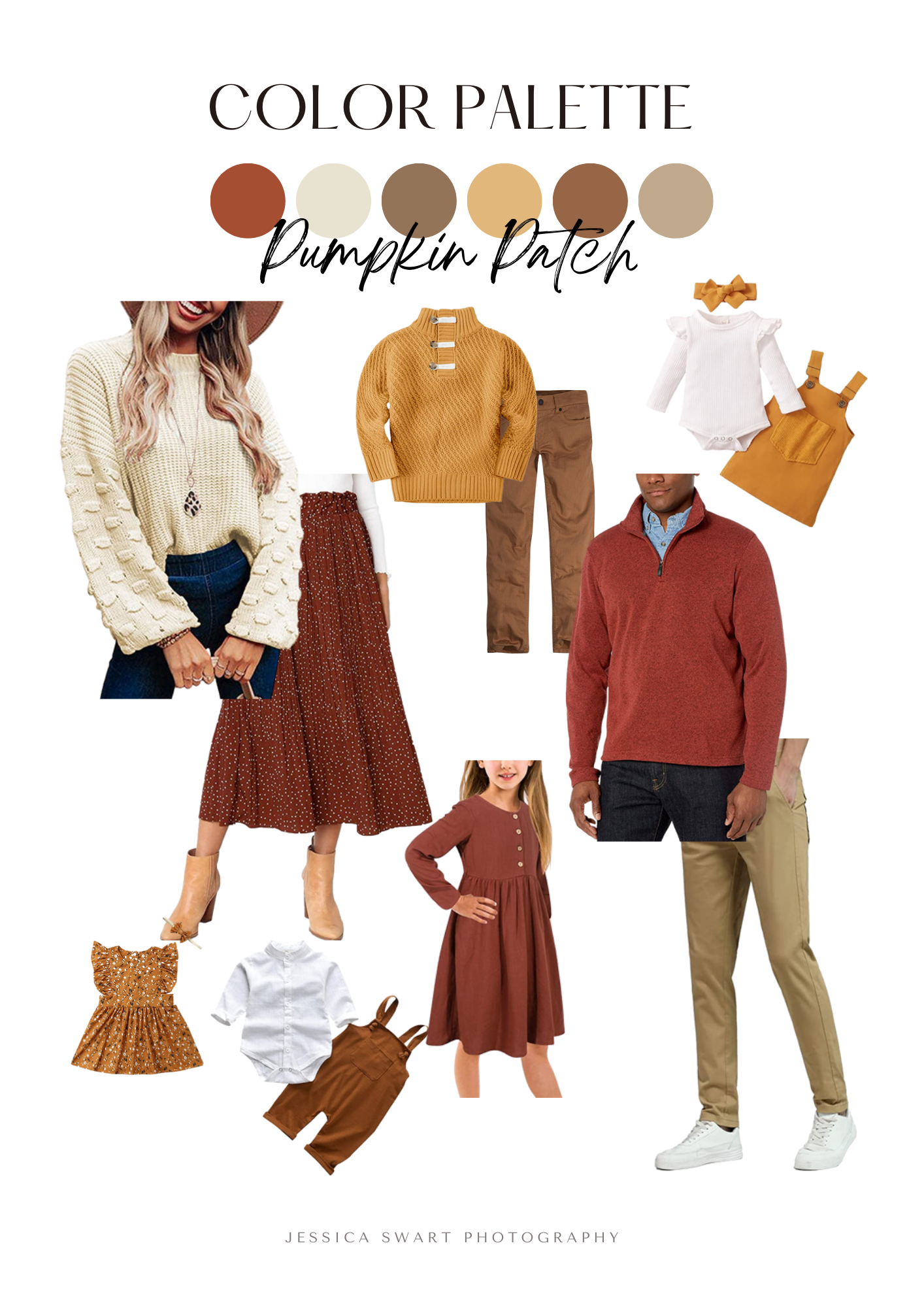 Pumpkin patch themed color palette showing coordinated family outfits in autumn colors.