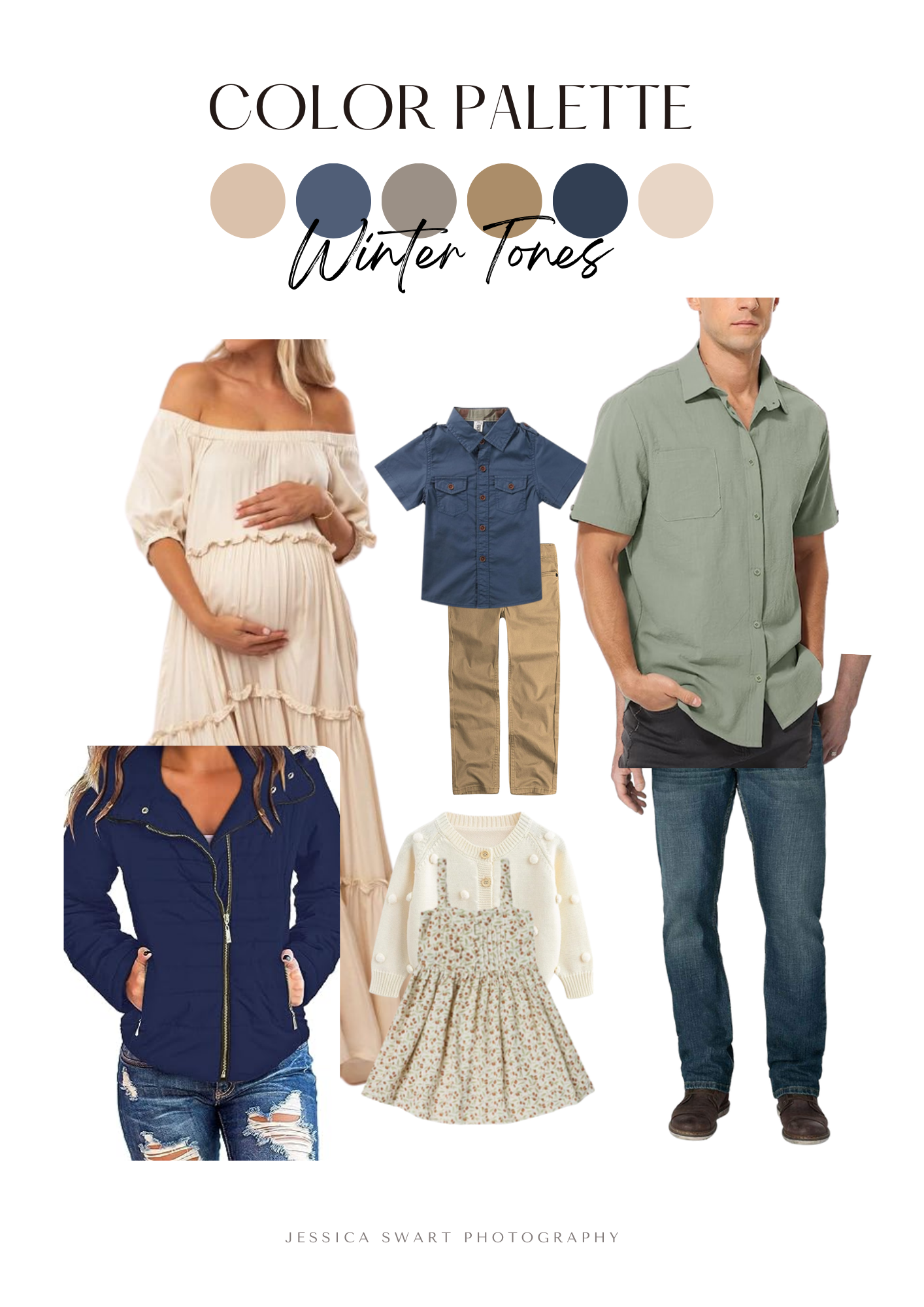 Winter tones color palette featuring coordinated family outfits in navy, beige and sage green.