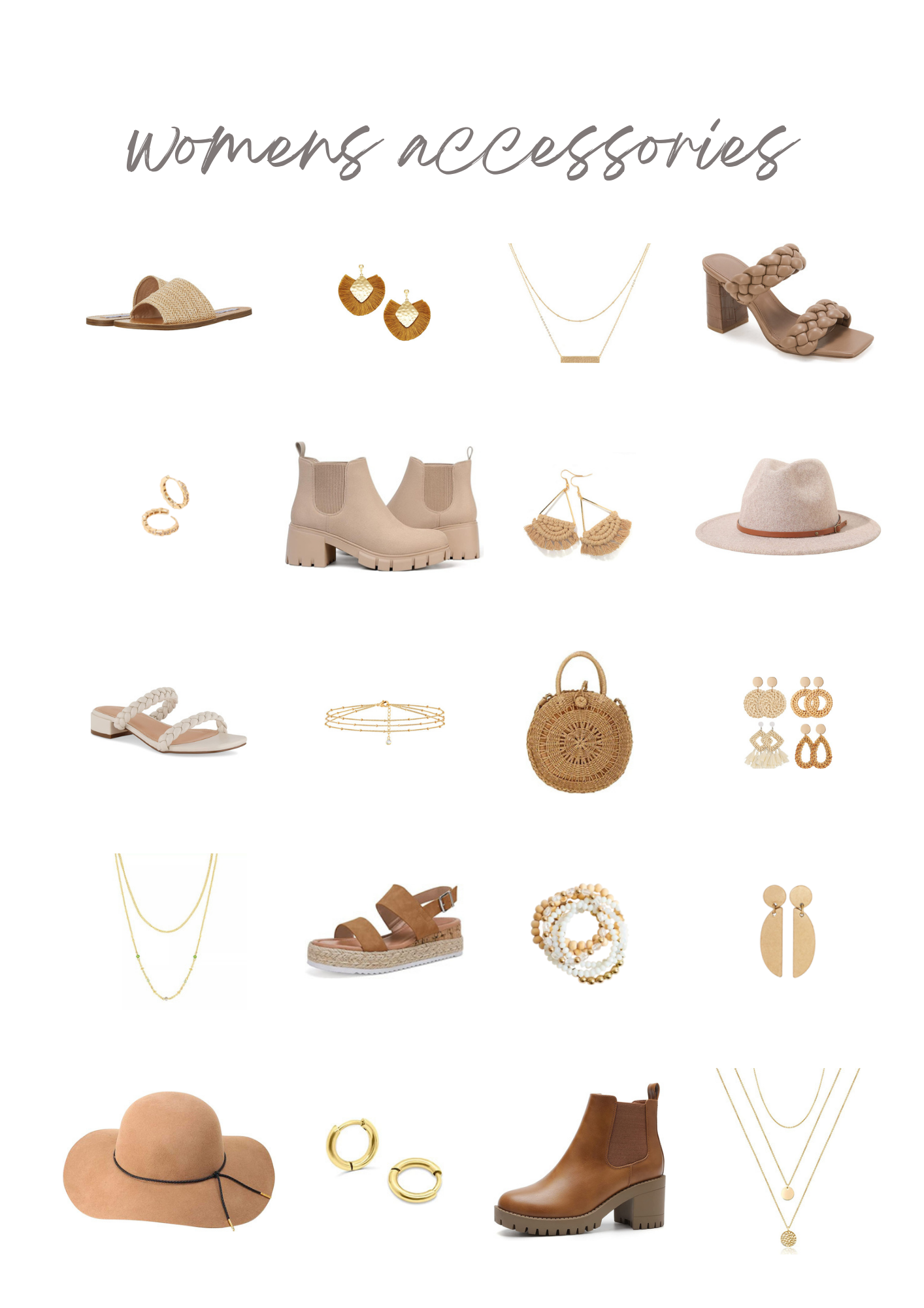 Collection of neutral toned women's accessories including jewelry, shoes, hats and bags.