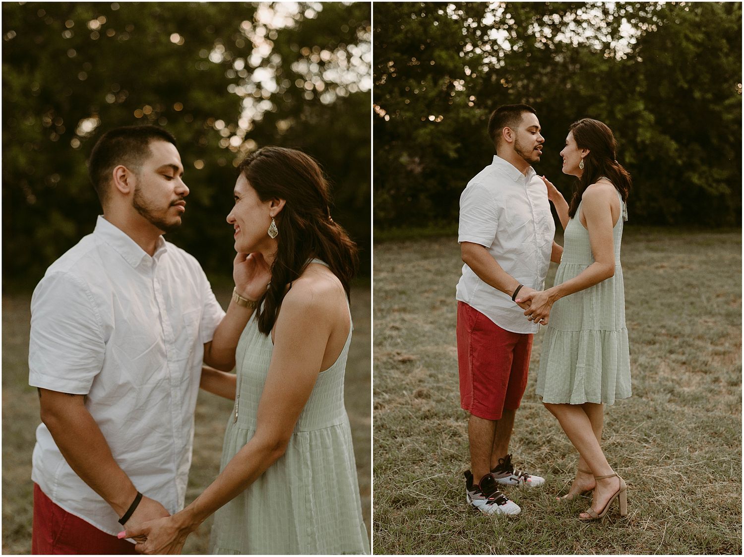 A couple in coordinated white and mint outfits sharing intimate moments outdoors.