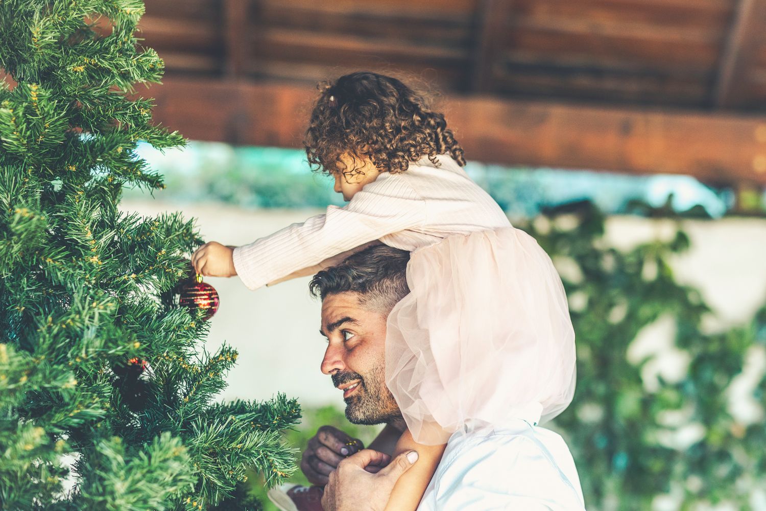 Lara on her daddy's shoulders, adding Christmas balls to the tree.