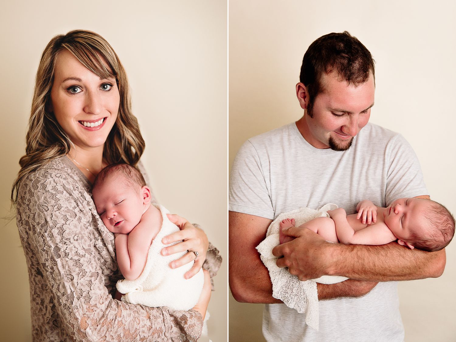 mom cuddling newborn on her chest in studio portraits taken in Independence, Missouri